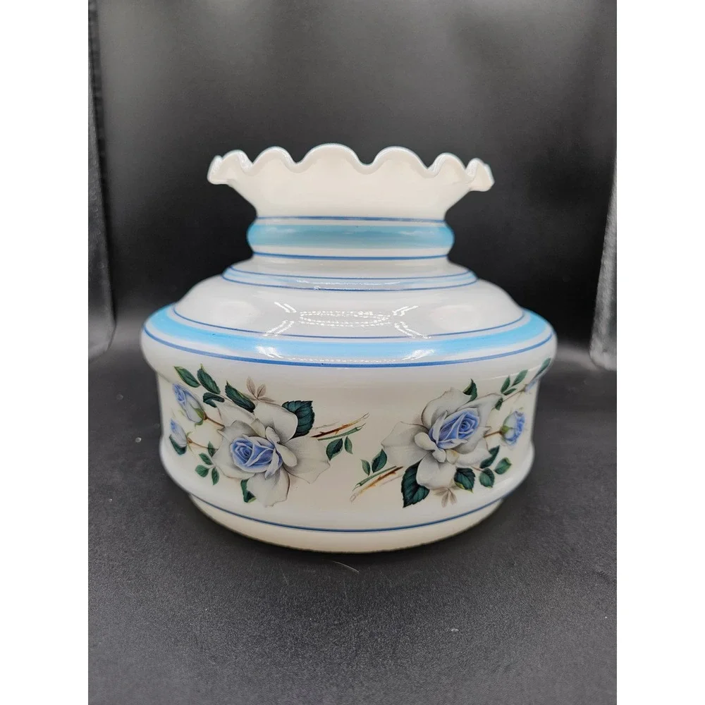 Vintage Milk Glass Hurricane Lamp Shade Blue Rose Floral Ruffled Edge 7in Fitter